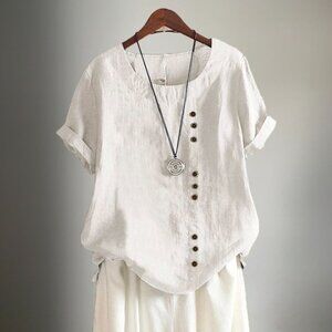 Women's Casual Round Neck Plain Buttons Short Sleeve Cotton Summer Blouse